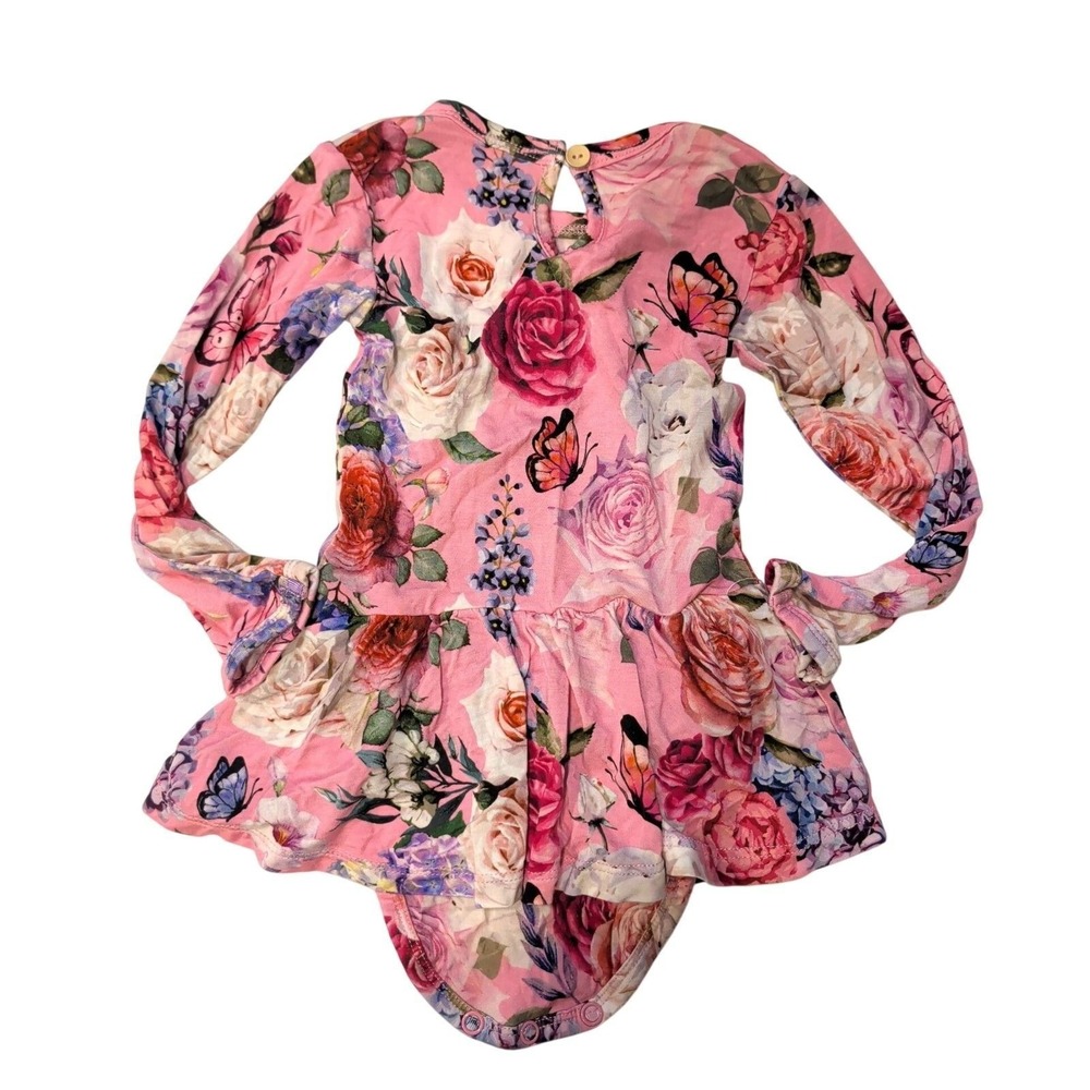 Bums & Roses Pink Floral Butterfly Bamboo Ruffle Skirt Romper 6-12 Months